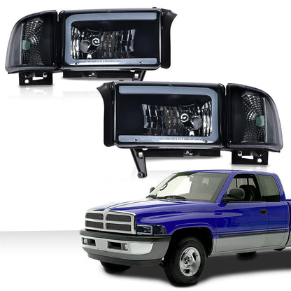 G-PLUS LED Light Strip Headlights Lamps w/o Bulbs Fit Dodge Ram 1500 1994-2001/Dodge Ram 2500 3500 1994-2002,Smoke Lens Black Housing Clear Reflector Bumper Headlamps,faros delanteros Assembly