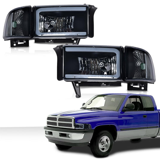 G-PLUS LED Light Strip Headlights Lamps w/o Bulbs Fit Dodge Ram 1500 1994-2001/Dodge Ram 2500 3500 1994-2002,Smoke Lens Black Housing Clear Reflector Bumper Headlamps,faros delanteros Assembly