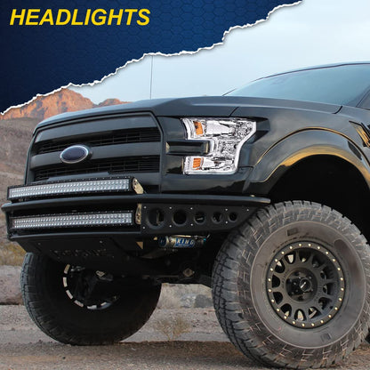 G-PLUS Headlights Assembly, Compatible with 2015 2016 2017 Ford F150,Not Fit w/Factory LED & HID Headlights Left+Right Bumper Headlamps, Clear Lens Chrome Housing Amber Reflector,faros delanteros