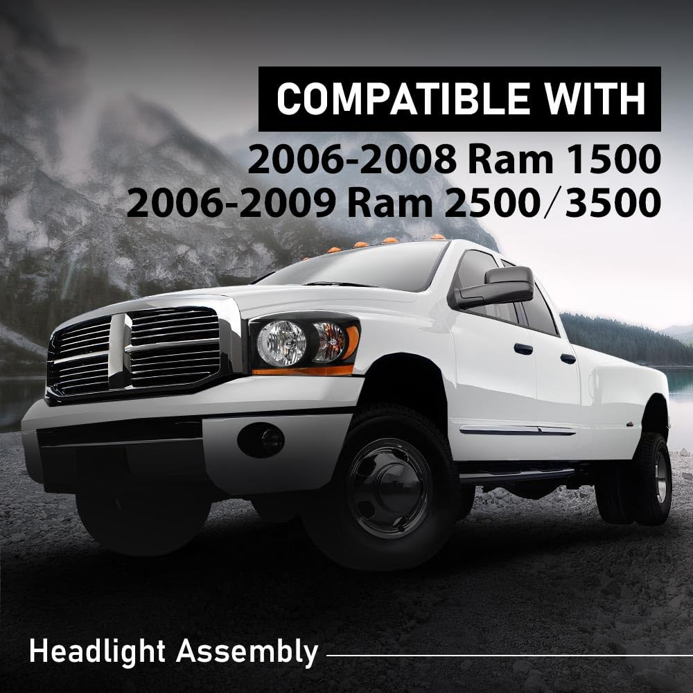G-PLUS Headlights Assembly w/Bulbs Light Bar Left and Right Side Compatible with Dodge Ram 1500 2006-2008/Fit Dodge Ram 2500 3500 2006-2009 Clear Lens Black Housing Amber Reflector Faro