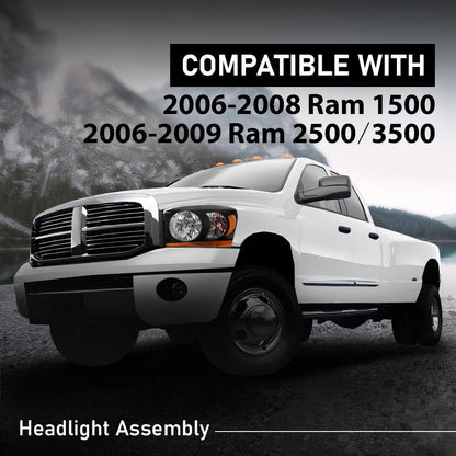 G-PLUS Headlights Assembly w/Bulbs Light Bar Left and Right Side Compatible with Dodge Ram 1500 2006-2008/Fit Dodge Ram 2500 3500 2006-2009 Clear Lens Black Housing Amber Reflector Faro