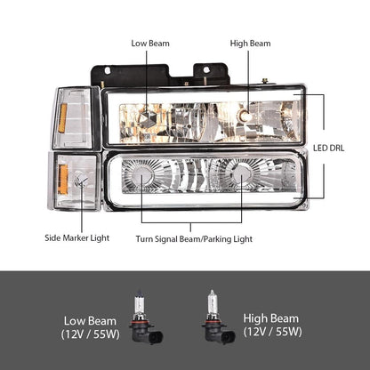 G-PLUS Headlights Compatible with GMC/Chevy Headlamps Left & Right Clear Lens Chrome Housing Amber Reflector