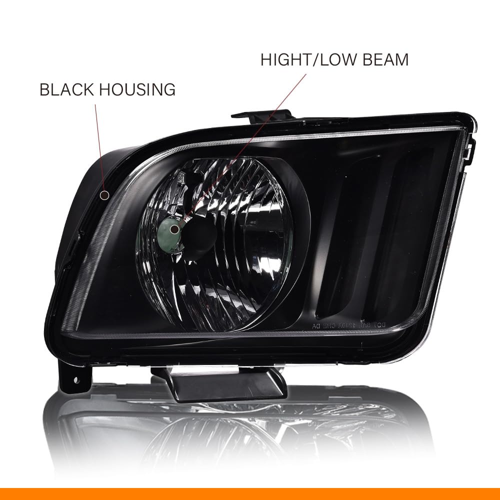 G-PLUS Headlight Compatible with Ford Mustang 2005-2009 Halogen Right Passenger Side Clear Lens Black Housing Clear ReflectorBumper Headlamps,faros delanteros
