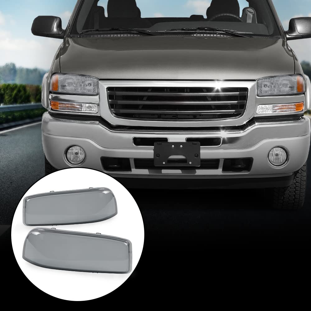 G-PLUS Headlight Bumper Lamps Cover Chrome Smoke Compatible with 1999-2007 GMC Sierra 1500.2001-2007 GMC Sierra 1500/2500 HD/3500 15850352 15850351