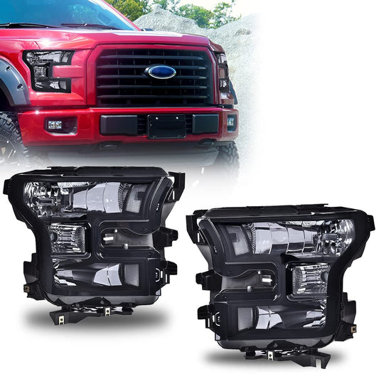 G-PLUS Headlights Assembly, Compatible with 2015 2016 2017 Ford F150 bumper Headlamp, Smoky lens Black Housing Clear Reflector