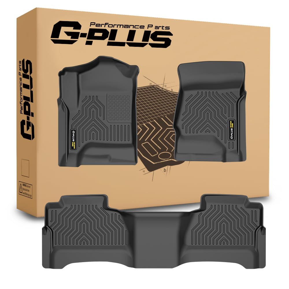 G-PLUS Floor Mats,Fit Chevy Silverado & GMC Sierra 1500 Crew Cab 2014-2018/Fit Silverado & Sierra 2500HD 3500HD Crew Cab 2015-2019,TPE Custom Fit All Weather Protection 1st & 2nd Floor Liners Black