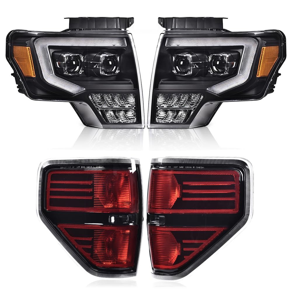G-PLUS Left & Right Side Headlights Assembly & Tail lights Compatible with Ford F150 2009 2010 2011 2012 2013 2014 (Clear Lens Black Housing Amber Reflector Headlights + Tail lights)