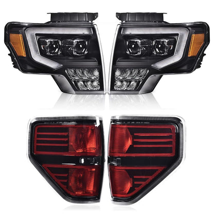 G-PLUS Left & Right Side Headlights Assembly & Tail lights Compatible with Ford F150 2009 2010 2011 2012 2013 2014 (Clear Lens Black Housing Amber Reflector Headlights + Tail lights)