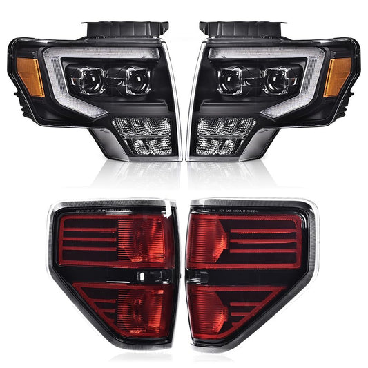 G-PLUS Left & Right Side Headlights Assembly & Tail lights Compatible with Ford F150 2009 2010 2011 2012 2013 2014 (Clear Lens Black Housing Amber Reflector Headlights + Tail lights)