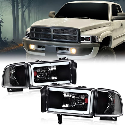 G-PLUS LED Light Strip Headlights w/o Bulbs Fit Dodge Ram 1500 1994-2001/Dodge Ram 2500 3500 1994-2002 Clear Lens Black Housing Clear Reflector Bumper Headlamps,faros delanteros Assembly