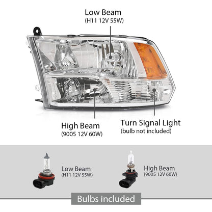 G-PLUS Headlight Assembly Front Headlamp Left Driver with Bulbs Fit Dodge Ram 1500 2500 3500 2009-2018 Factory Bumper Headlamps,faros delanteros