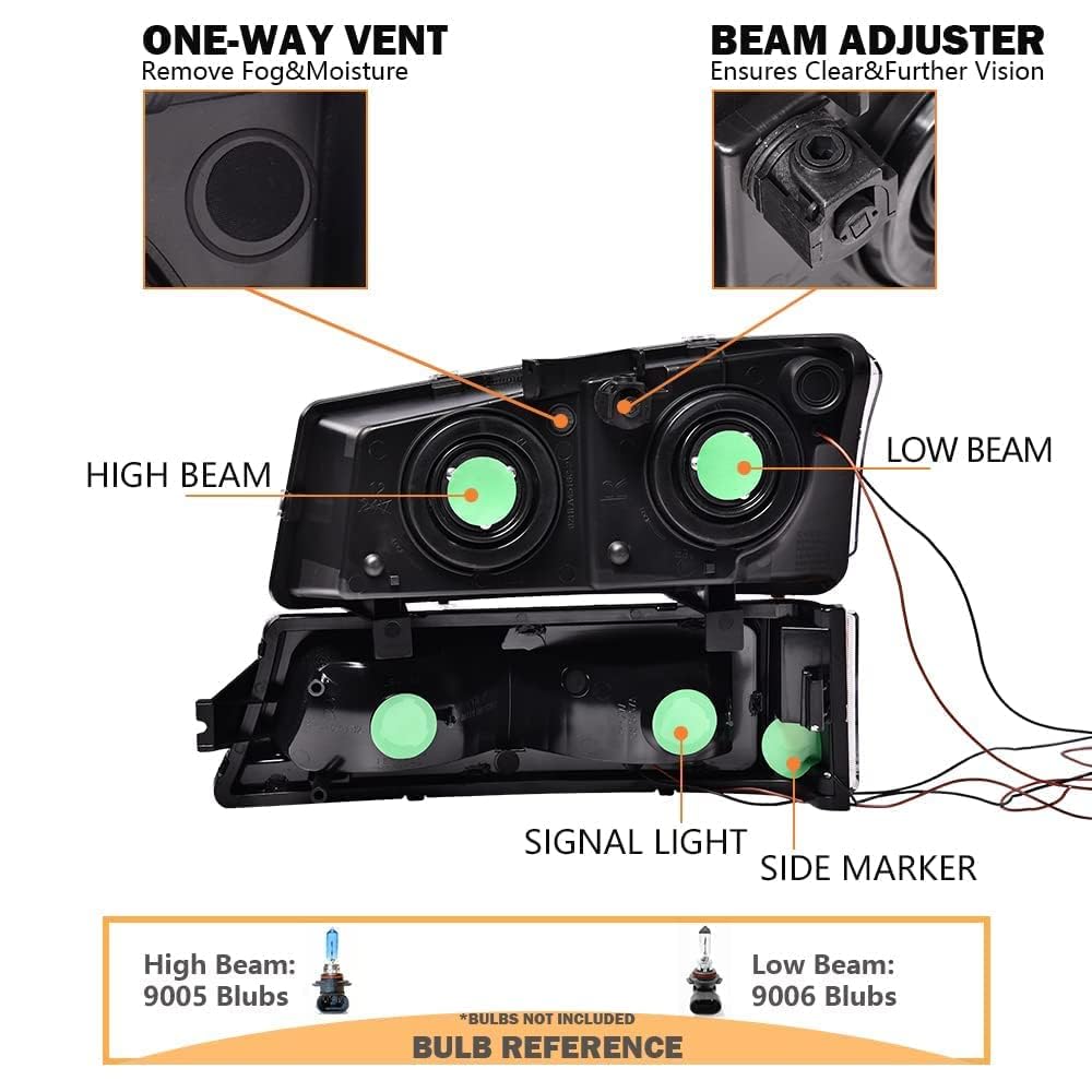 G-PLUS Headlights Assembly Fit Avalanche/Silverado 1500 2500 HD 3500 2003-2006/Fit Silverado 1500 2500 3500 Classic 2007,Smoky Lens Chrome Housing Amber ReflectorBumper Headlamps,faros delanteros
