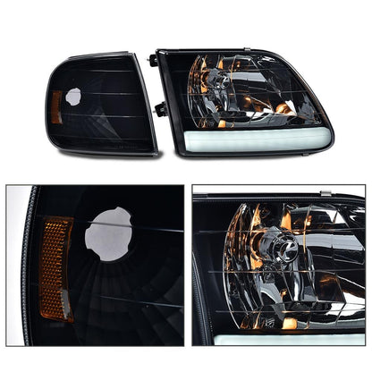 G-PLUS LED DRL Headlights & Corner Park Lights Fit Ford Expedition 1997-2002/Fit F150 1998-2003/Fit F250 Light Duty 1997-1999 Smoke Lens Black Housing Amber ReflectorBumper Headlamps,faros delanteros