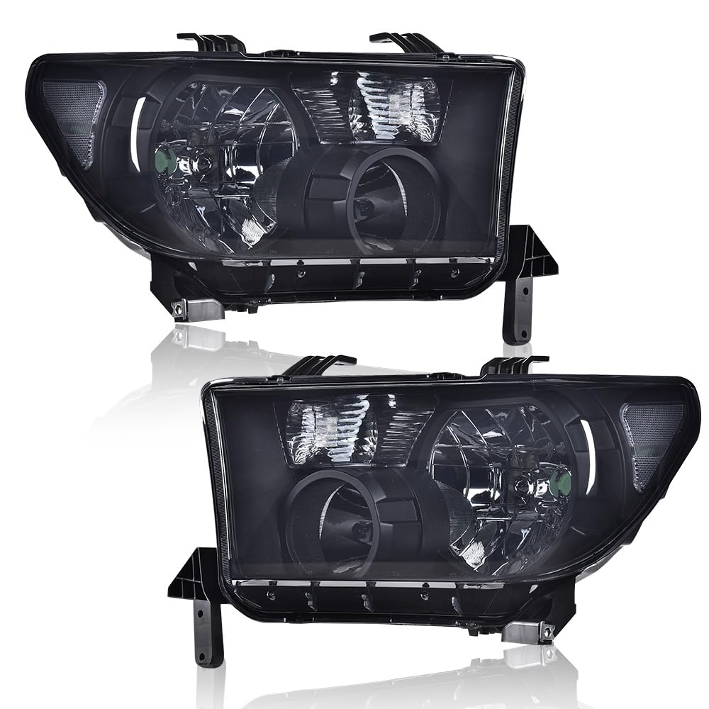 G-PLUS Headlights Assembly, Compatible with Toyota Tundra 2007-2013/Fit Toyota Sequoia 2008-2017 Bumper Headlamps, Smoky Lens Black Housing Clear Reflector,faros delanteros