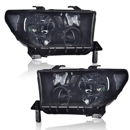 G-PLUS Headlights Assembly, Compatible with Toyota Tundra 2007-2013/Fit Toyota Sequoia 2008-2017 Bumper Headlamps, Smoky Lens Black Housing Clear Reflector,faros delanteros