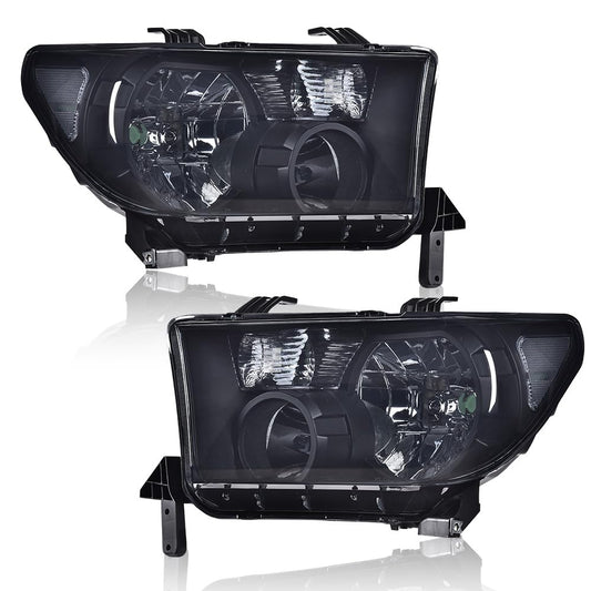 G-PLUS Headlights Assembly, Compatible with Toyota Tundra 2007-2013/Fit Toyota Sequoia 2008-2017 Bumper Headlamps, Smoky Lens Black Housing Clear Reflector,faros delanteros