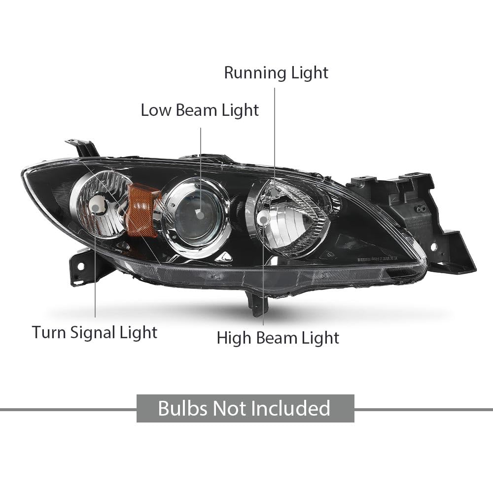 G-PLUS Projector Headlights Assembly Compatible with Mazda 3 4-Door Sedan 2004-2009,NOT Fit Hatchback Models, Headlamps,faros delanteros Clear Lens Black Housing Amber Reflector Left & Right