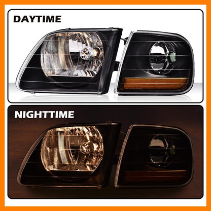 G-PLUS Headlights Assembly,Compatible with Ford Expedition 1997-2002/Fit Ford F150 1998-2003/Fit Ford F250 1988-1999 Bumper Headlamp,Clear lens Black Housing Amber Reflector Left & Right