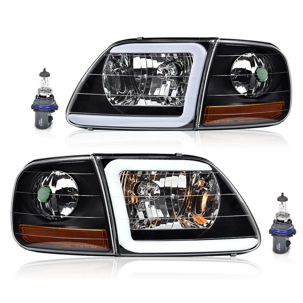 G-PLUS LED DRL Headlights&Corner Parking Lights Fit Ford Expedition 1997-2002/Fit Ford F150 1998-2003/Fit F250 1997-1999 Clear Lens Black Housing Amber ReflectorBumper Headlamps,faros delanteros