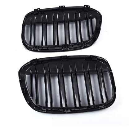 Front Kidney Grille Replacement For BMW X1 F48 F49 2016-2020 Double Line Glossy Black Grill One Pair