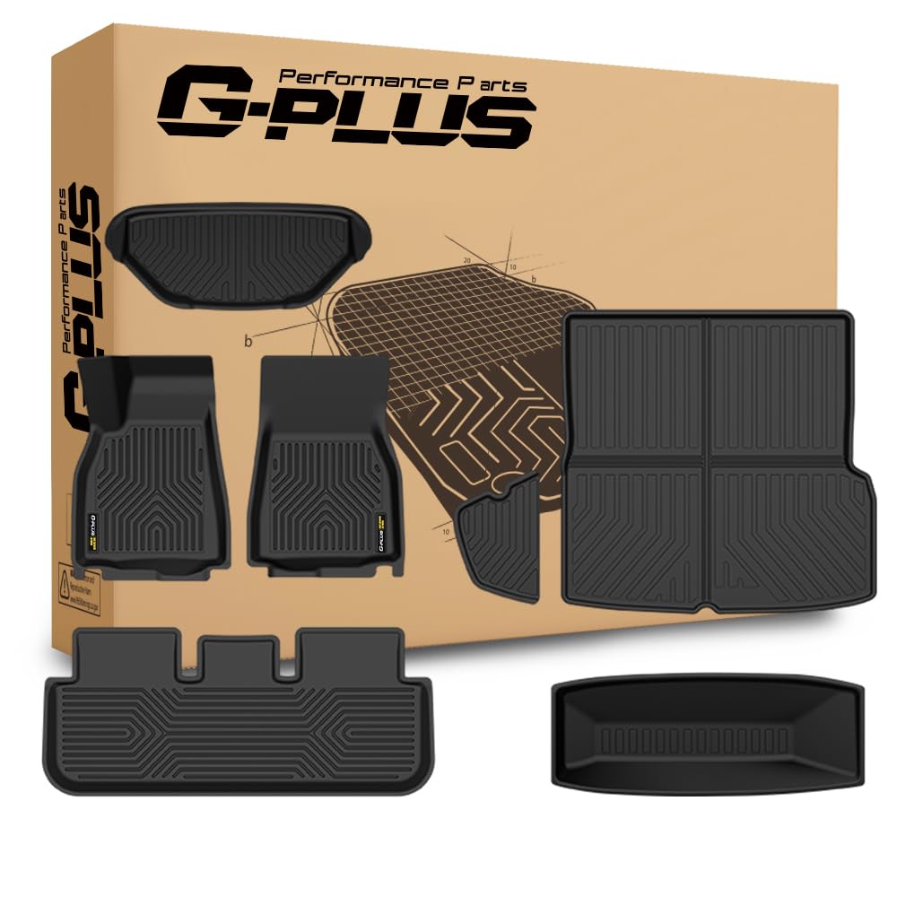 G-PLUS Floor Mats & Cargo Liner Fit Tesla Model S 2021 2022 2023 2024 All Weather Protection TPE Floor Liners 1st & 2nd & 3rd Front Rear Full Set Car Mats Black 7PCS