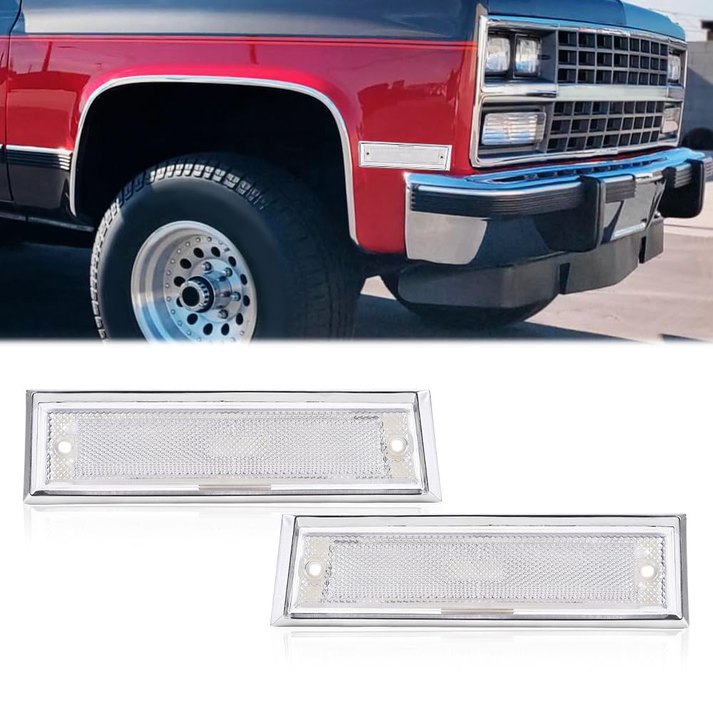 G-PLUS Front Side Marker Lights Assembly Compatible With Chevy Blazer/GMC Jimmy C/K R Pickup 1981-1991,Side Chrome Bezel Marker Lamps Pair Clear Lens