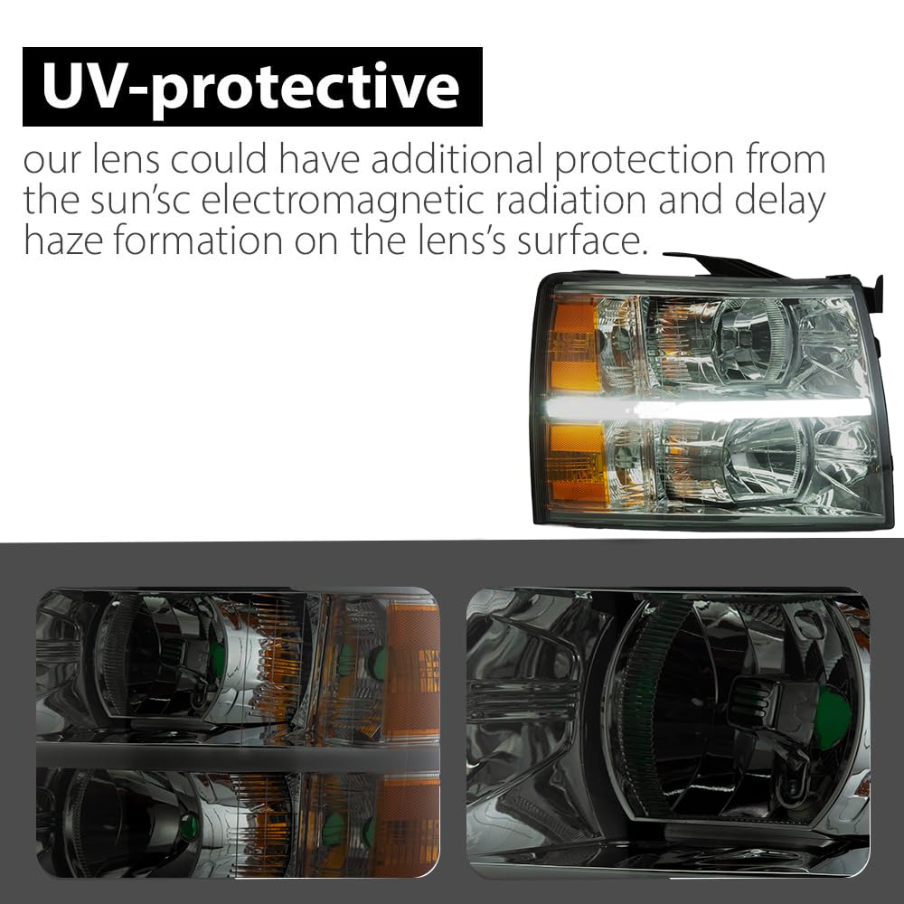 G-PLUS LED Headlights Assembly Fit Chevy Silverado 1500 2007-2013/Fit Silverado 2500 HD 3500 HD 2007-2014,Left & Right Corner Headlamps,Smoky Lens Chrome Housing Amber Reflector,faros delanteros