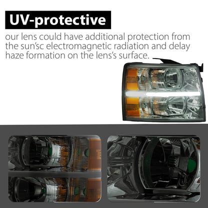 G-PLUS LED Headlights Assembly Fit Chevy Silverado 1500 2007-2013/Fit Silverado 2500 HD 3500 HD 2007-2014,Left & Right Corner Headlamps,Smoky Lens Chrome Housing Amber Reflector,faros delanteros
