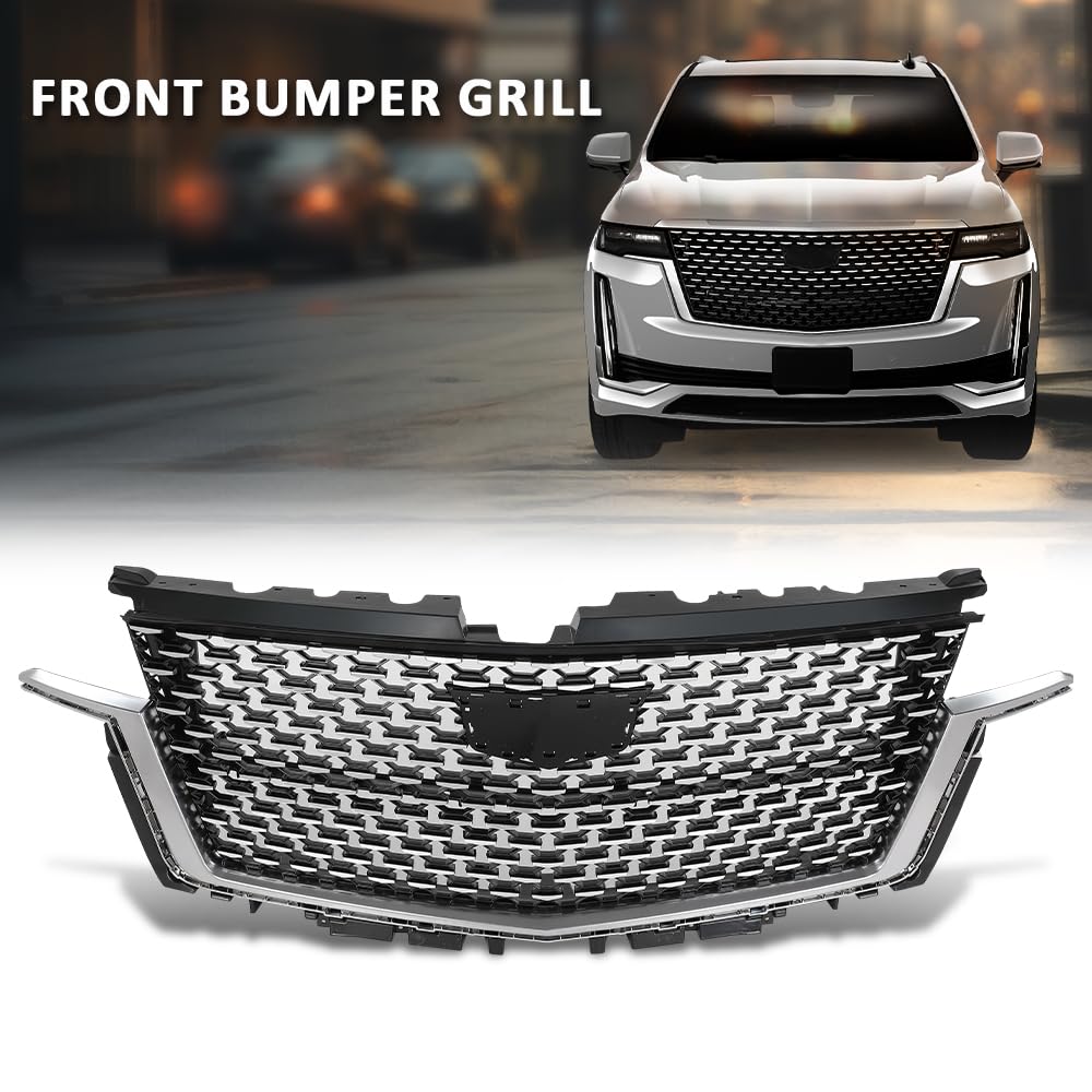 G-PLUS Bumper Grille Front Compatible with Cadillac Escalade 2021-2023 84699839 Chrome Black Plastic
