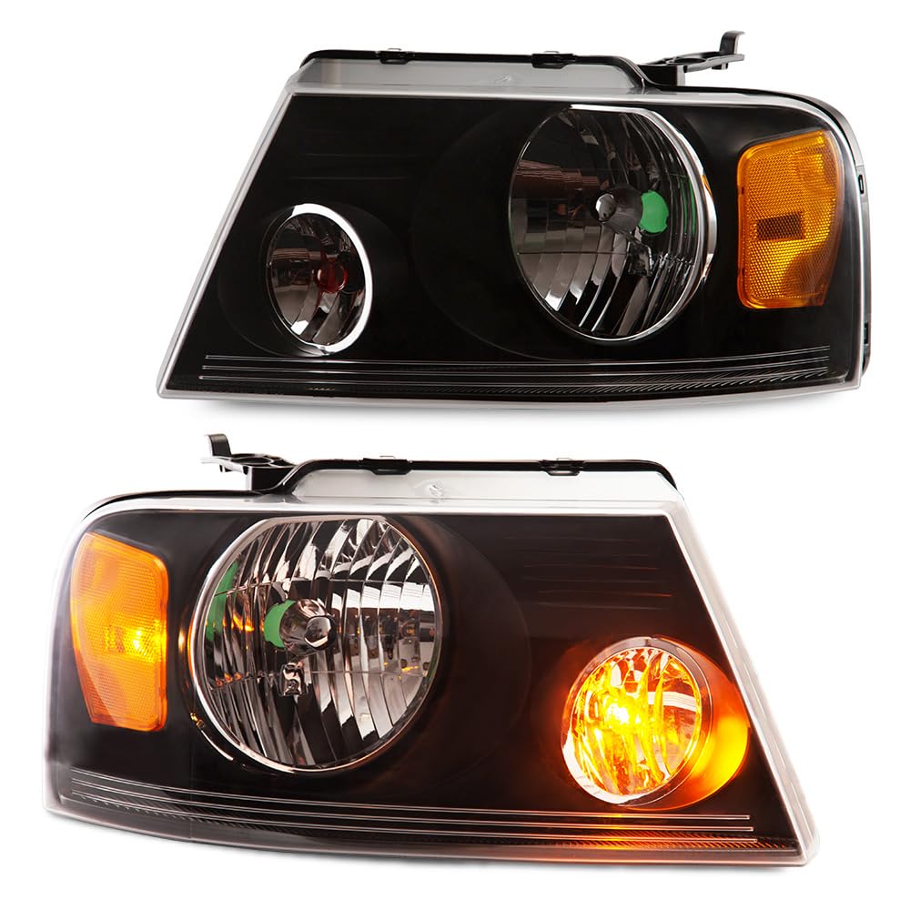 G-PLUS Headlights Fit Ford F150 2004-2008/Lincoln Mark LT 2006-2008 Clear Lens Black Housing Amber ReflectorBumper Headlamps,faros delanteros