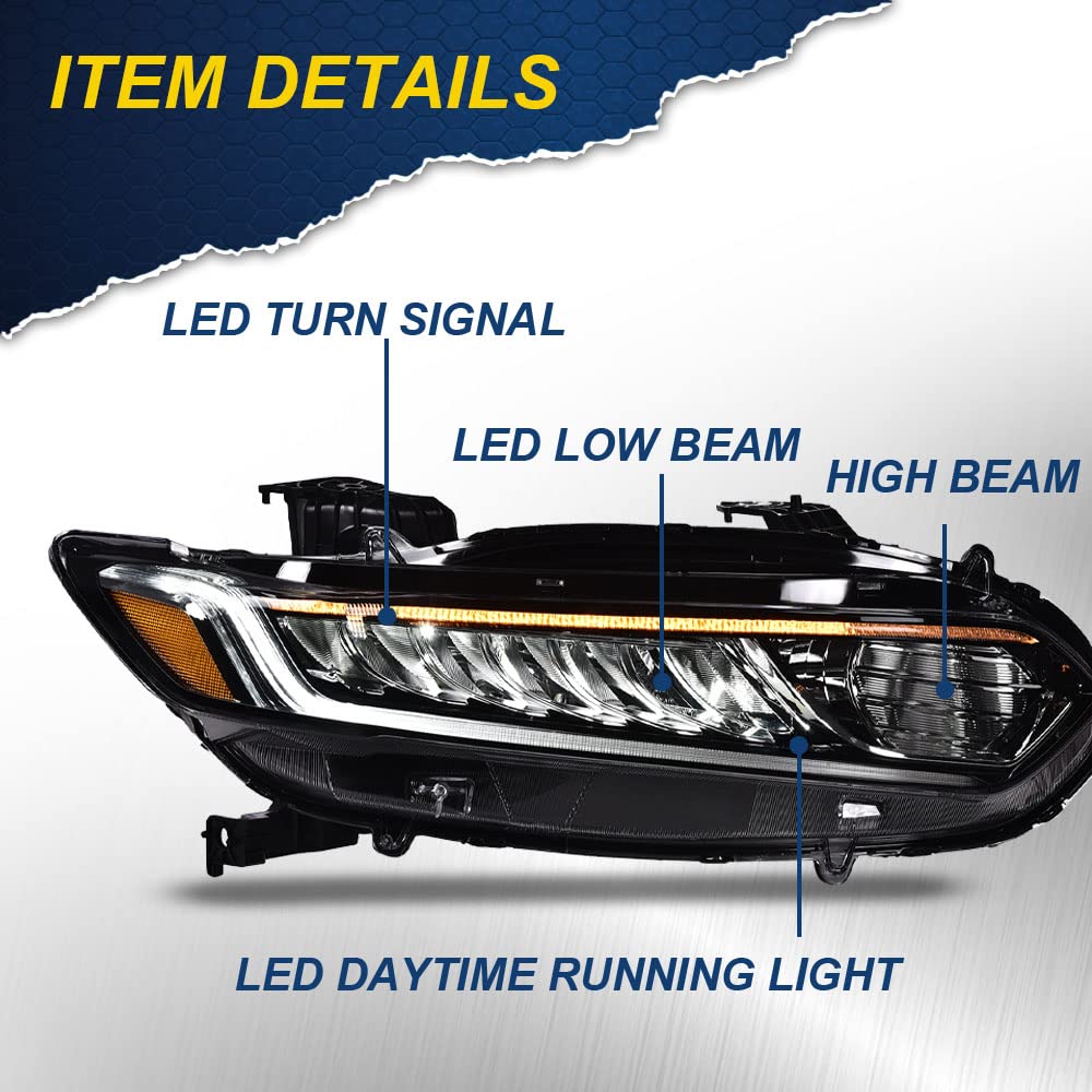 G-PLUS Headlights Assembly, Compatible with 2018 2019 2020 Honda Accord Right Bumper Headlamp, Clear Lens Black Housing Amber ReflectorBumper Headlamps,faros delanteros