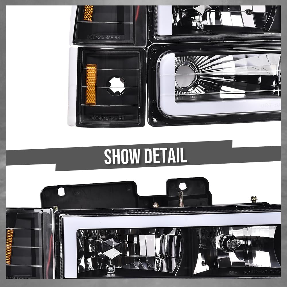 G-PLUS LED Headlights Fit GMC C1500 K1500 Yukon 1994-1999 / Fit GMC C2500 C3500 K2500 K3500 1994-2000 Clear Lens Black Housing Amber Reflector Headlamps,faros delanteros Assembly