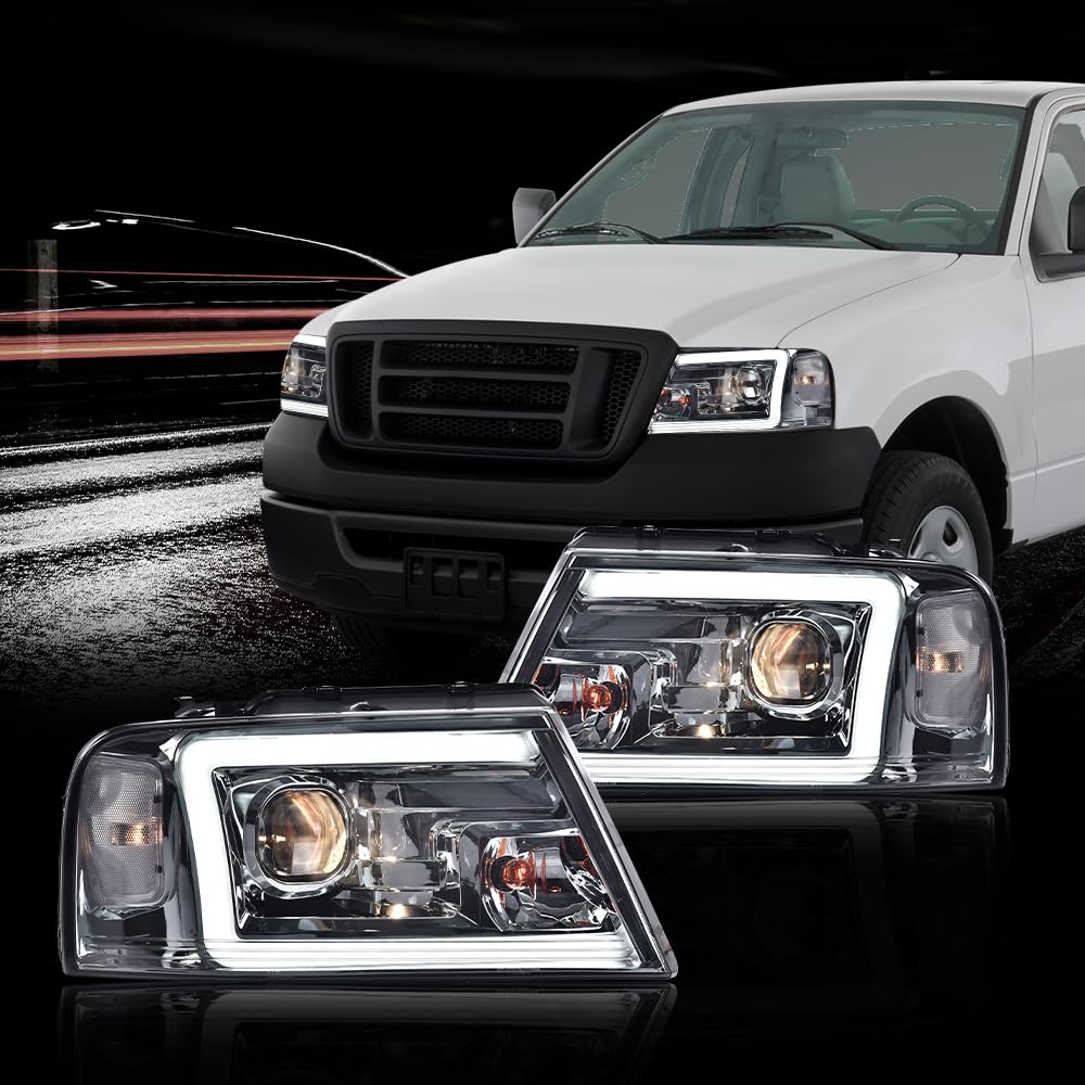 G-PLUS LED DRL Headlights Fit Ford F150 2004-2008,Fit Lincoln Mark Lt 2006-2008(NOT Fit 04 F150 Heritage/Flareside Beds), Headlamps Assembly,Smoky Lens Chrome Housing Clear Reflector