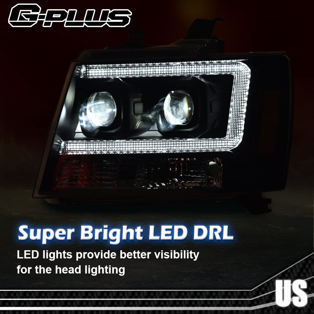 G-PLUS LED Tube Dual Projector Headlights, Compatible with 2007-2014 Chevy Tahoe/Suburban Bumper Headlamps Assembly, Clear Lens Black Housing Amber Reflector,faros delanteros