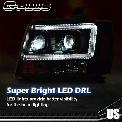 G-PLUS LED Tube Dual Projector Headlights, Compatible with 2007-2014 Chevy Tahoe/Suburban Bumper Headlamps Assembly, Clear Lens Black Housing Amber Reflector,faros delanteros