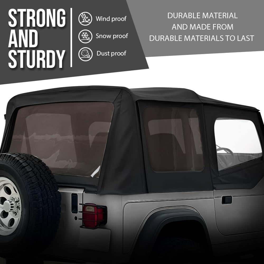 G-PLUS Soft Top Sailcloth Black W/Plastic Windows Compatible with Jeep Wrangler 1987-1995 with Factory Squared Style Upper Doors 9870215, 9870217 Black
