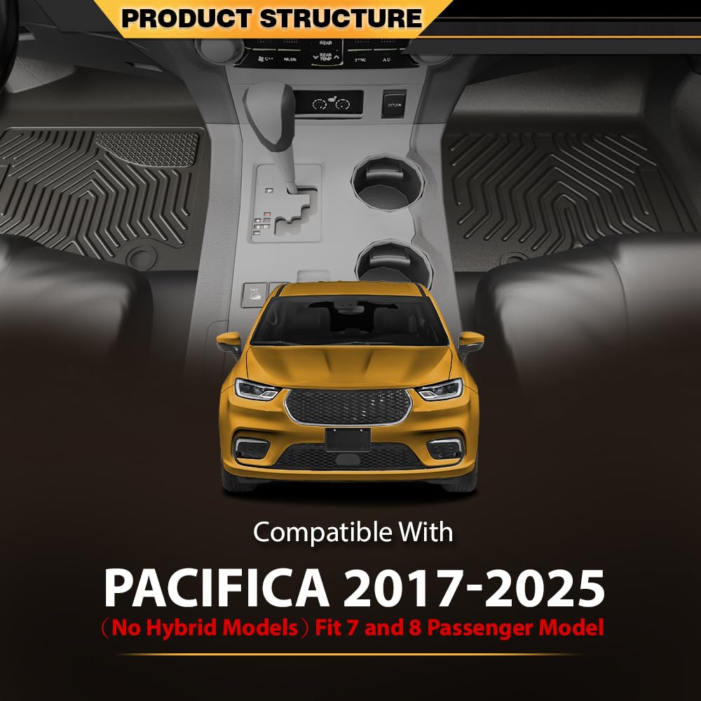 G-PLUS TPE Cargo Liners, Fit Chrysler Pacifica 2017-2025(No Hybrid Models), Fit 7& 8 Passenger Model Floor Liners, All Weather Full Cover Protection Black 1st & 2nd & 3rd Row