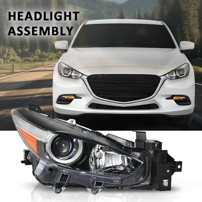G-PLUS Projector Halogen Headlight Right Passenger Side Compatible with Mazda 3 2017-2018 4-Door Sedan & Hatchback Clear Lens Black Housing Amber ReflectorBumper Headlamps,faros delanteros