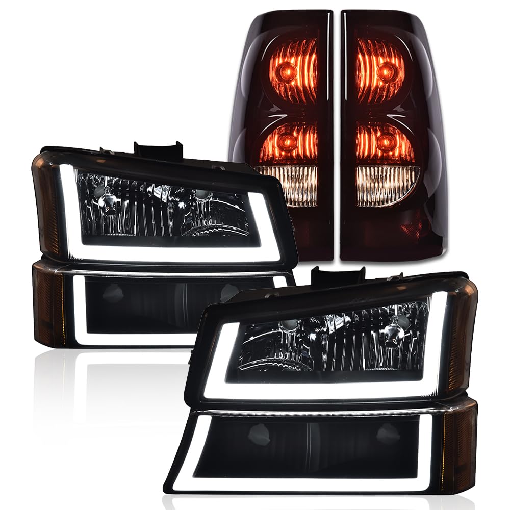 G-PLUS LED Headlights Assembly + Tail Lights Fit Chevy Silverado 1500 1500 HD 2500 2500 HD 2003-2006, Clear Lens Black Housing Amber Reflector Headlamps Assembly Dark Red Taillights