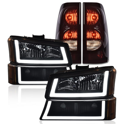 G-PLUS LED Headlights Assembly + Tail Lights Fit Chevy Silverado 1500 1500 HD 2500 2500 HD 2003-2006, Clear Lens Black Housing Amber Reflector Headlamps Assembly Dark Red Taillights