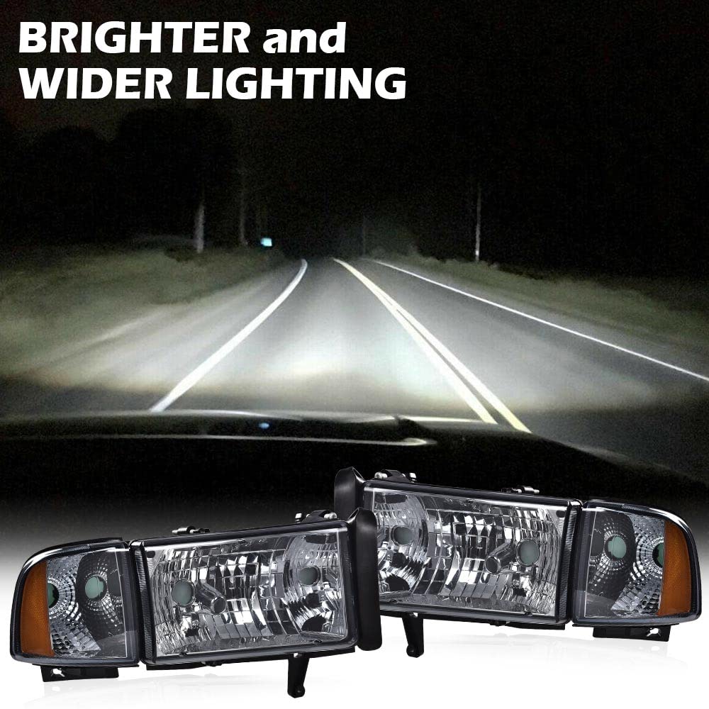G-PLUS Headlights Lamps Fit 1994-2001 Dodge Ram 1500/1994-2002 Dodge Ram 2500 3500,Not fit Ram Sport,Smoky Lens Chrome Housing Amber Reflector w/o Bulbs Bumper Headlamps,faros delanteros Assembly