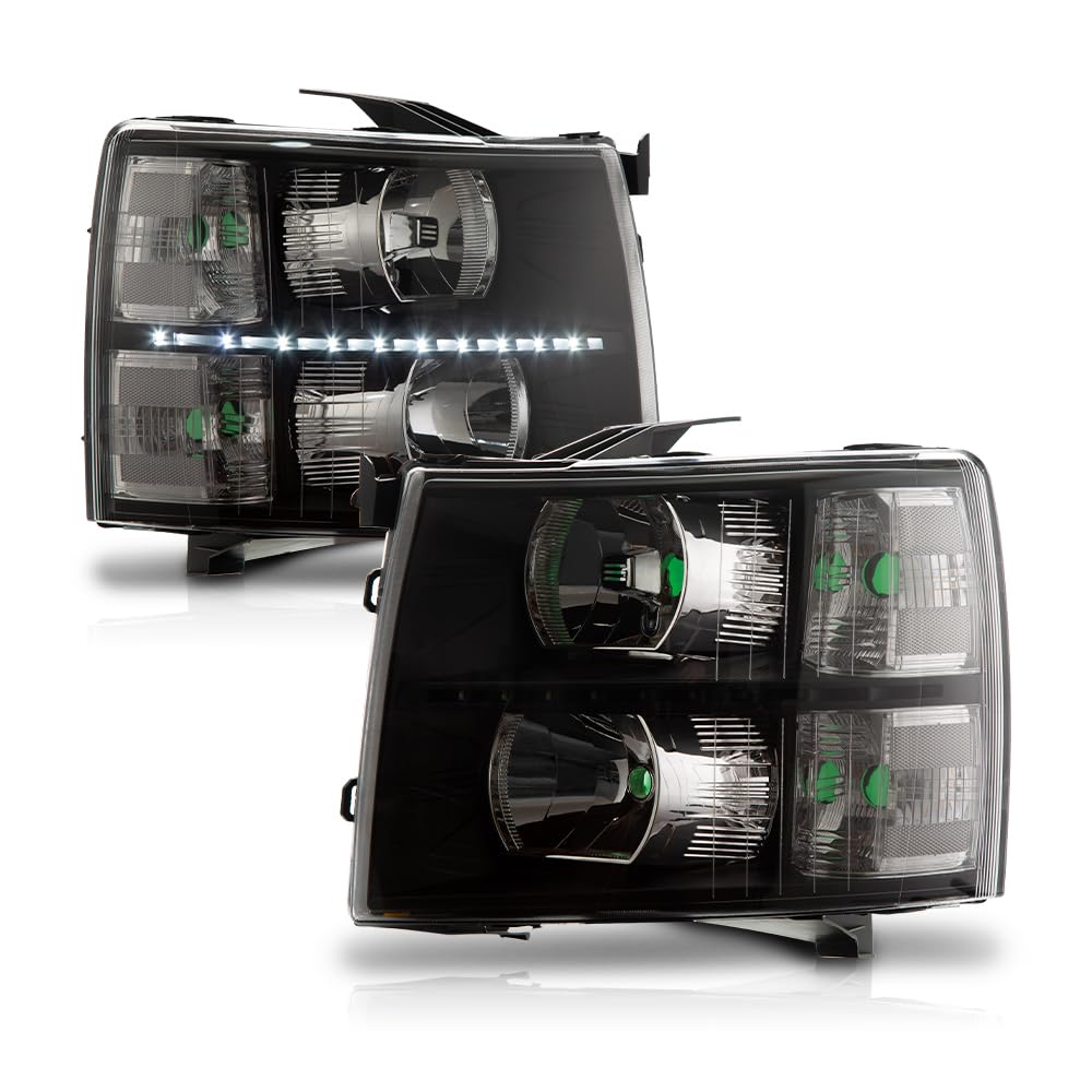 G-PLUS LED DRL Headlights, Fit 2007-2013 Chevy Silverado 1500/Fit 2007-2014 Chevy Silverado 2500 3500 & HD Models Bumper Headlamps, Clear Lens Black Housing Clear Reflector,faros delanteros