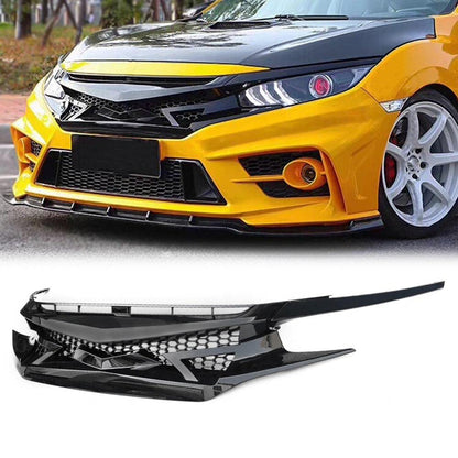 Compatible For Honda Civic 10th GEN 2016 2017 2018 Glossy Black FK8 TYPE-R Style Front Bumper Mesh Grille ABS Plastic Hood Grill + Eye Lid Replacement