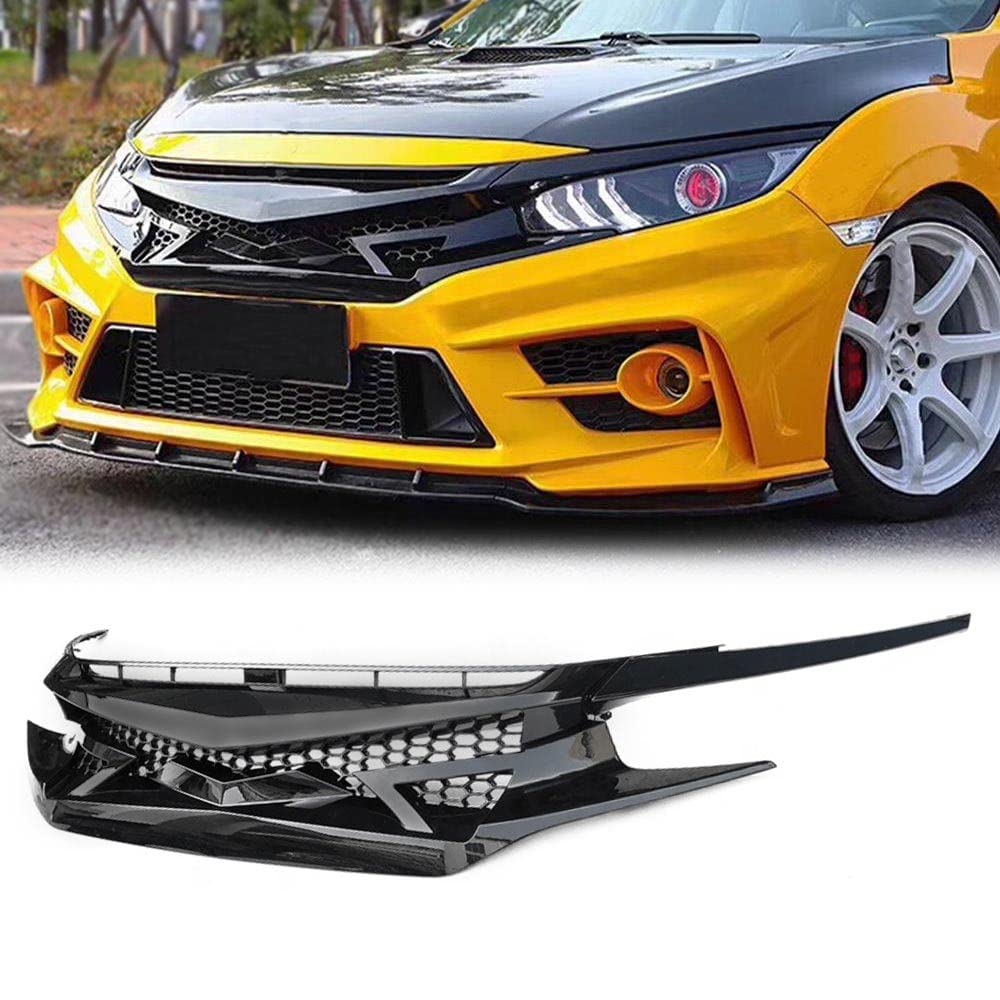 G-PLUS Front Upper Bumper Mesh Grille Compatible with Honda Civic 10th GEN 2016 2017 2018 Honeycomb Style ABS Plastic Hood Grill + Eye Lid Replacement Glossy Black