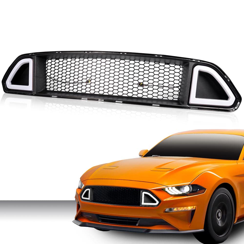 G-PLUS Mesh Front Bumper Upper Hood Grille Compatible with Ford Mustang 2015 2016 2017 Grill with DRL LED Accent Vent Lights