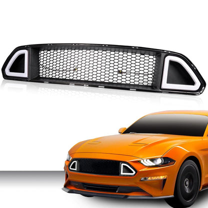 G-PLUS Mesh Front Bumper Upper Hood Grille Grill With DRL LED Accent Vent Lights Compatible with Ford Mustang 2015 2016 2017