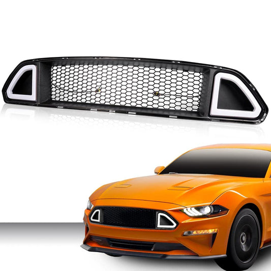 G-PLUS Mesh Front Bumper Upper Hood Grille Grill With DRL LED Accent Vent Lights Compatible with Ford Mustang 2015 2016 2017