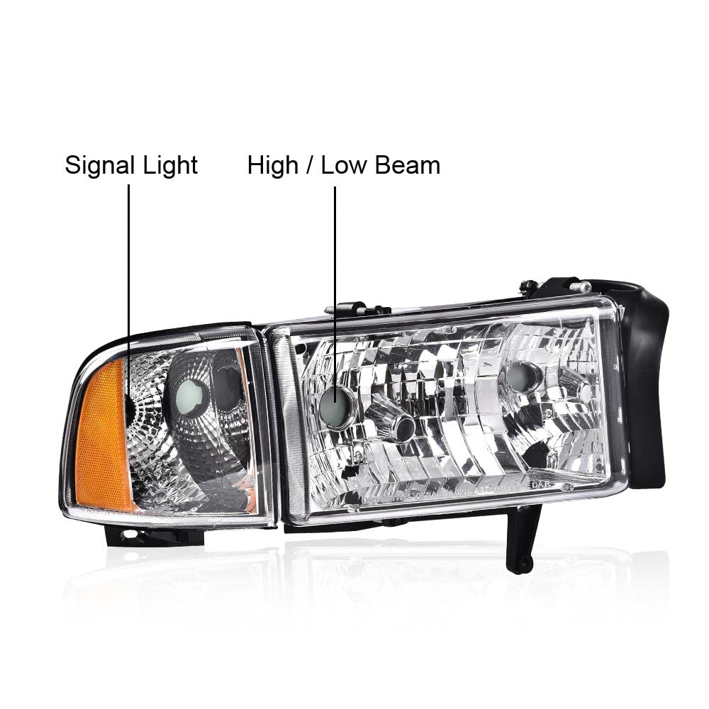 G-PLUS Headlights Lamps Fit Dodge Ram 1500 1994-2001/Fit Dodge Ram 2500 3500 1994-2002,Not fit Ram Sport,Clear Lens Chrome Housing Amber Reflector w/o Bulbs Bumper Headlamps,faros delanteros Assembly