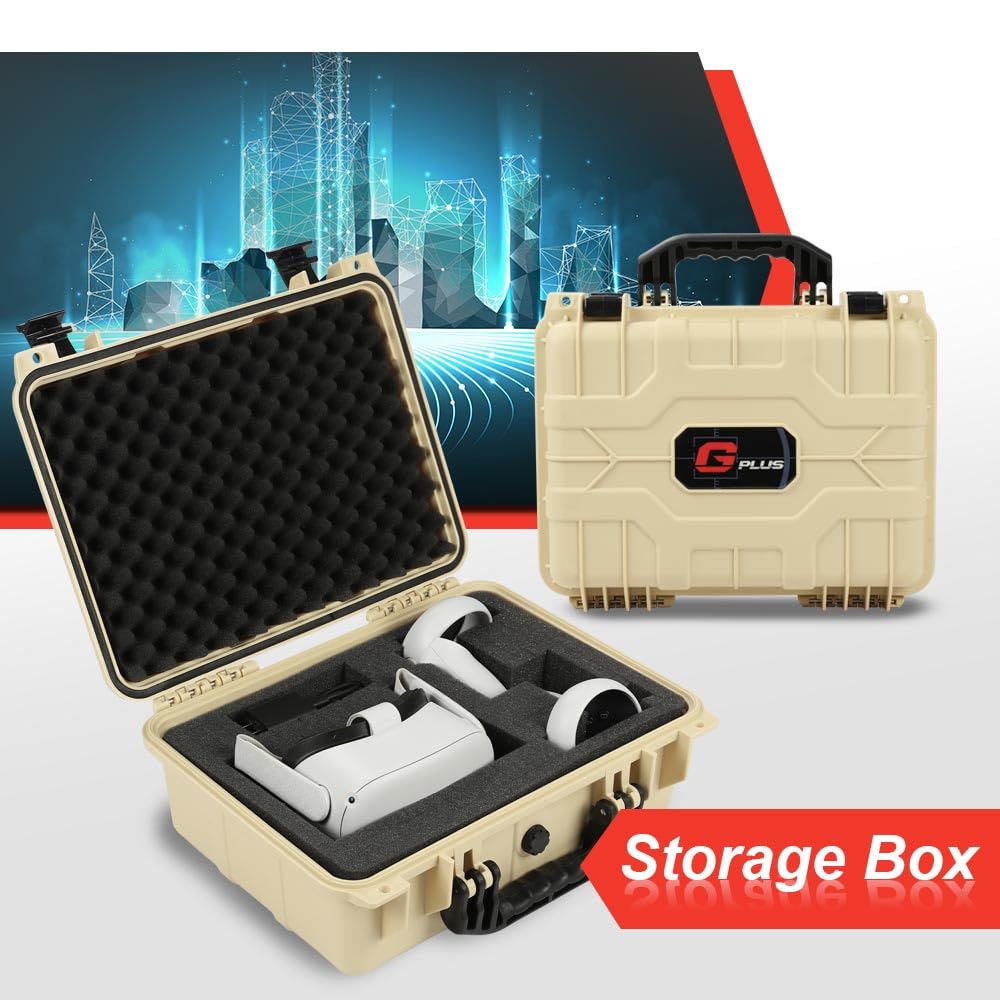 G-PLUS Hard VR Headset Carrying Case w/Foam Block Dividers,Waterproof Protector Storage Box Compatible with Meta Quest 3S/Quest 3/Quest 2,Travel Portable Case Fit Oculus Quest 3/Quest 2 Beige Color