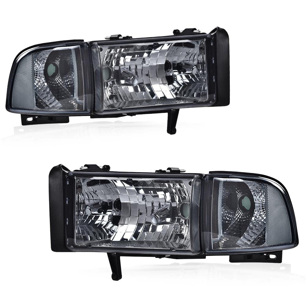 G-PLUS Headlights Fit Dodge Ram 1500 1994-2001/Fit Dodge Ram 2500 3500 1994-2002,Not fit Ram Sport,Headlamps w/o Bulbs Smoky Lens Chrome Housing Clear Reflector,faros delanteros Assembly
